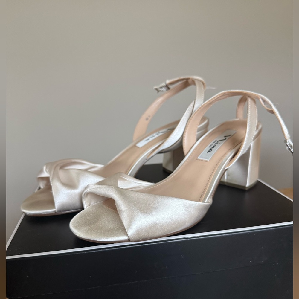 Nina Cream Satin Block Heel Sandals